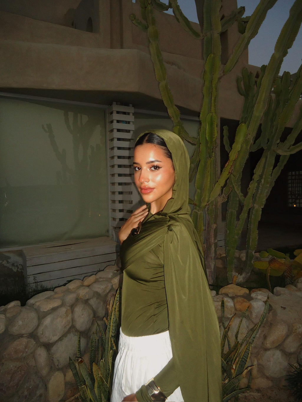 Hooded Shoulder-Drape Bodysuit