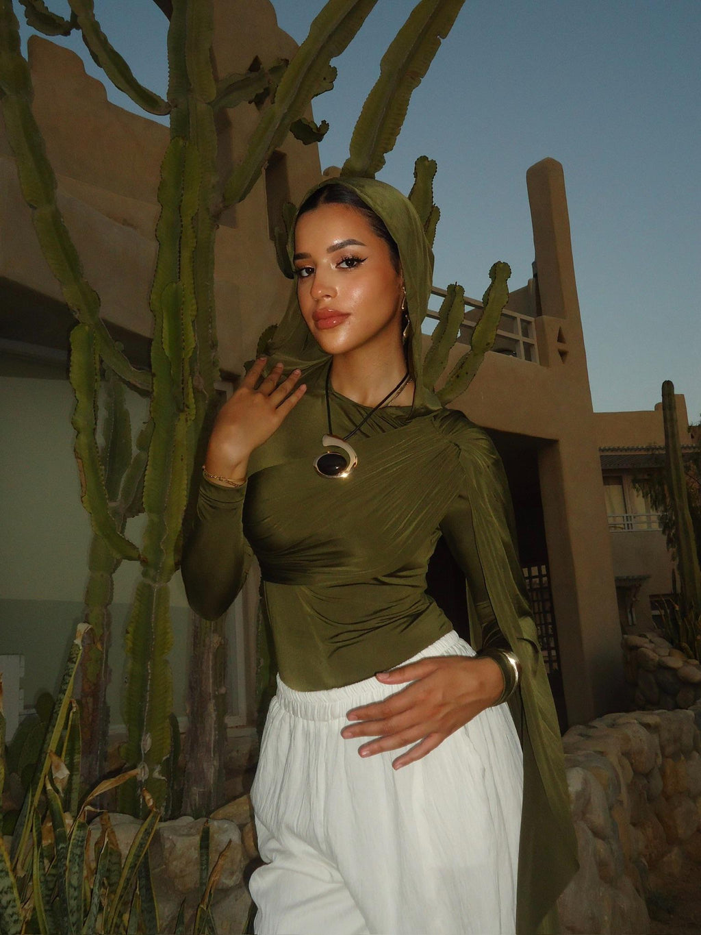 Hooded Shoulder-Drape Bodysuit