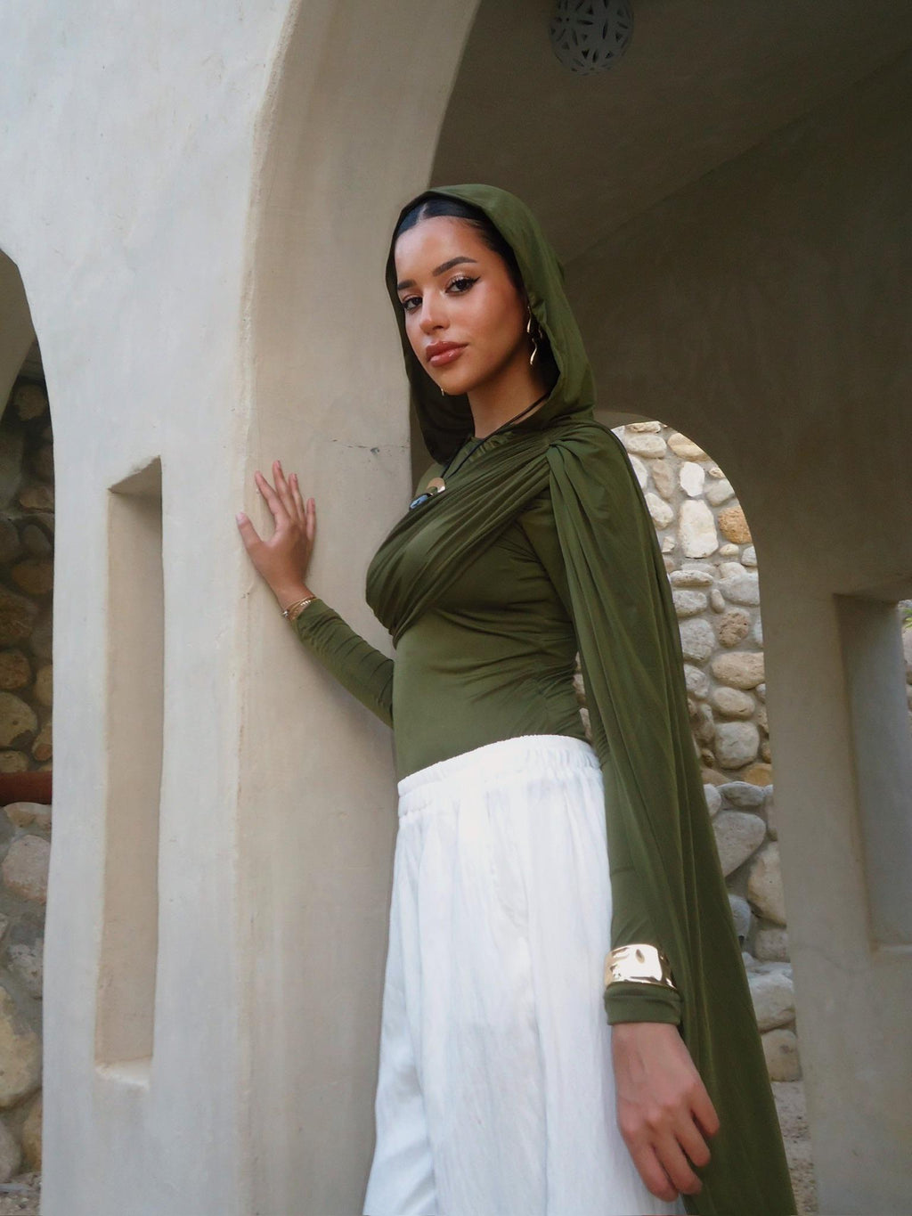 Hooded Shoulder-Drape Bodysuit