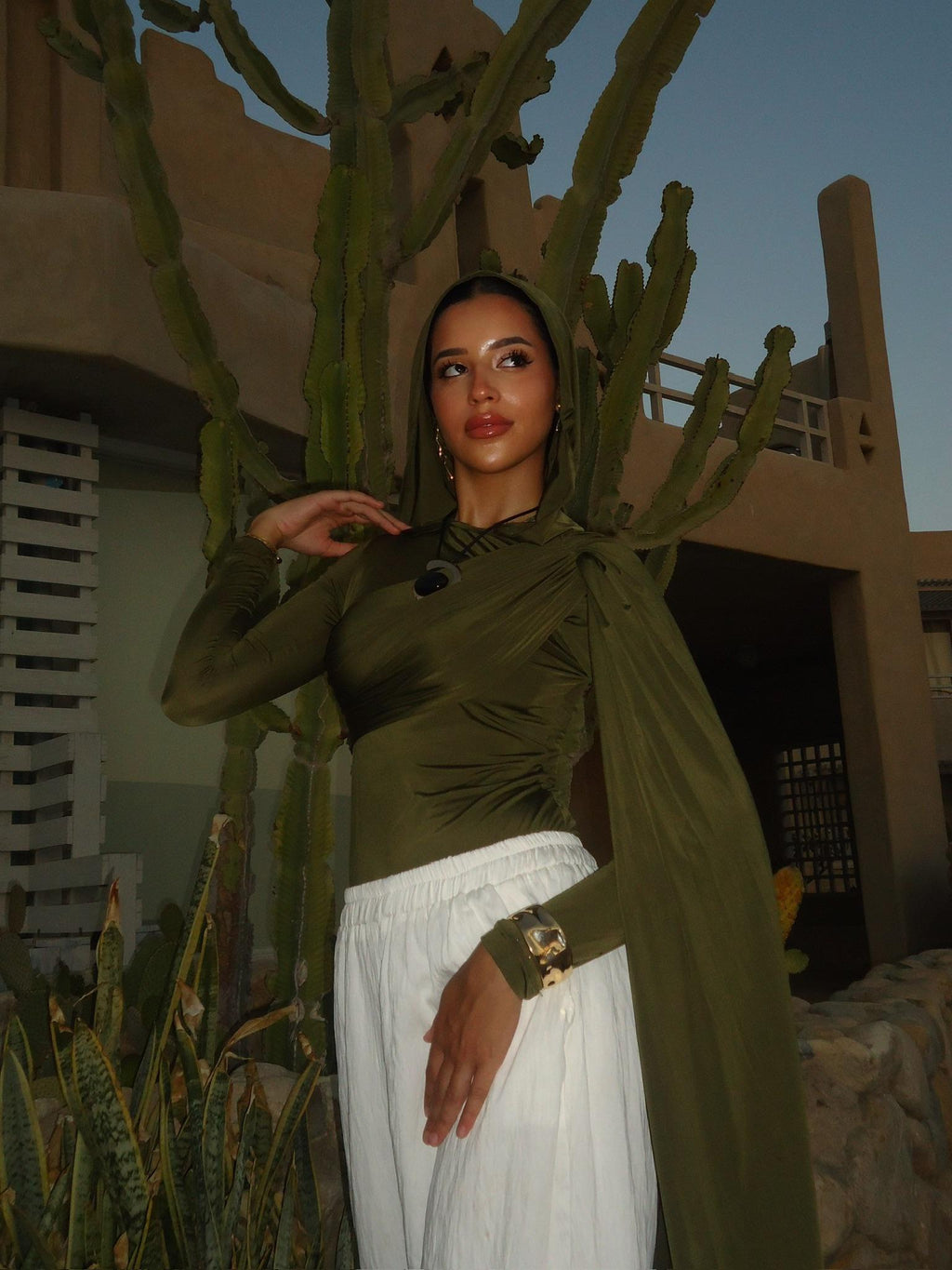 Hooded Shoulder-Drape Bodysuit