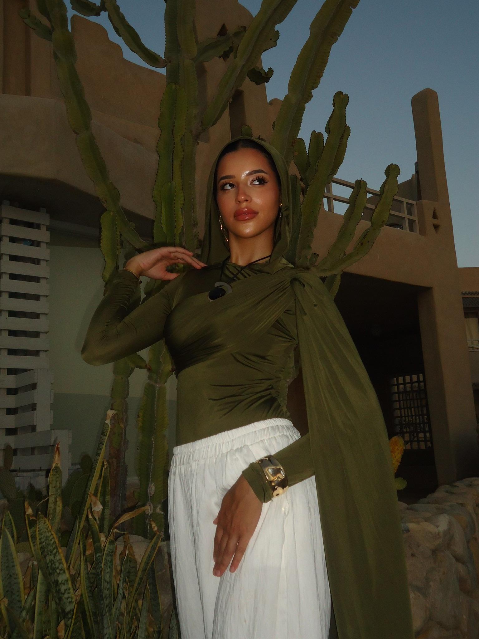 Hooded Shoulder-Drape Bodysuit